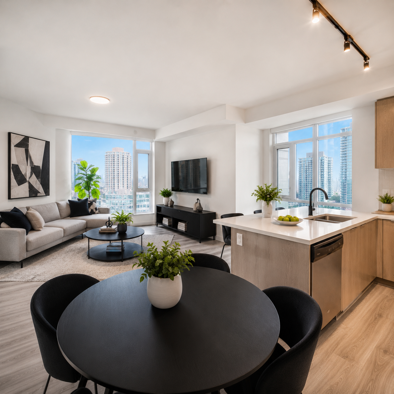 Downtown Toronto condo interior with floor-to-ceiling windows and city skyline view