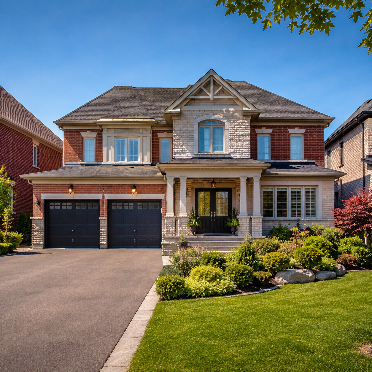 Daytime exterior photo of a brick and stone two-storey home under a clear blue sky