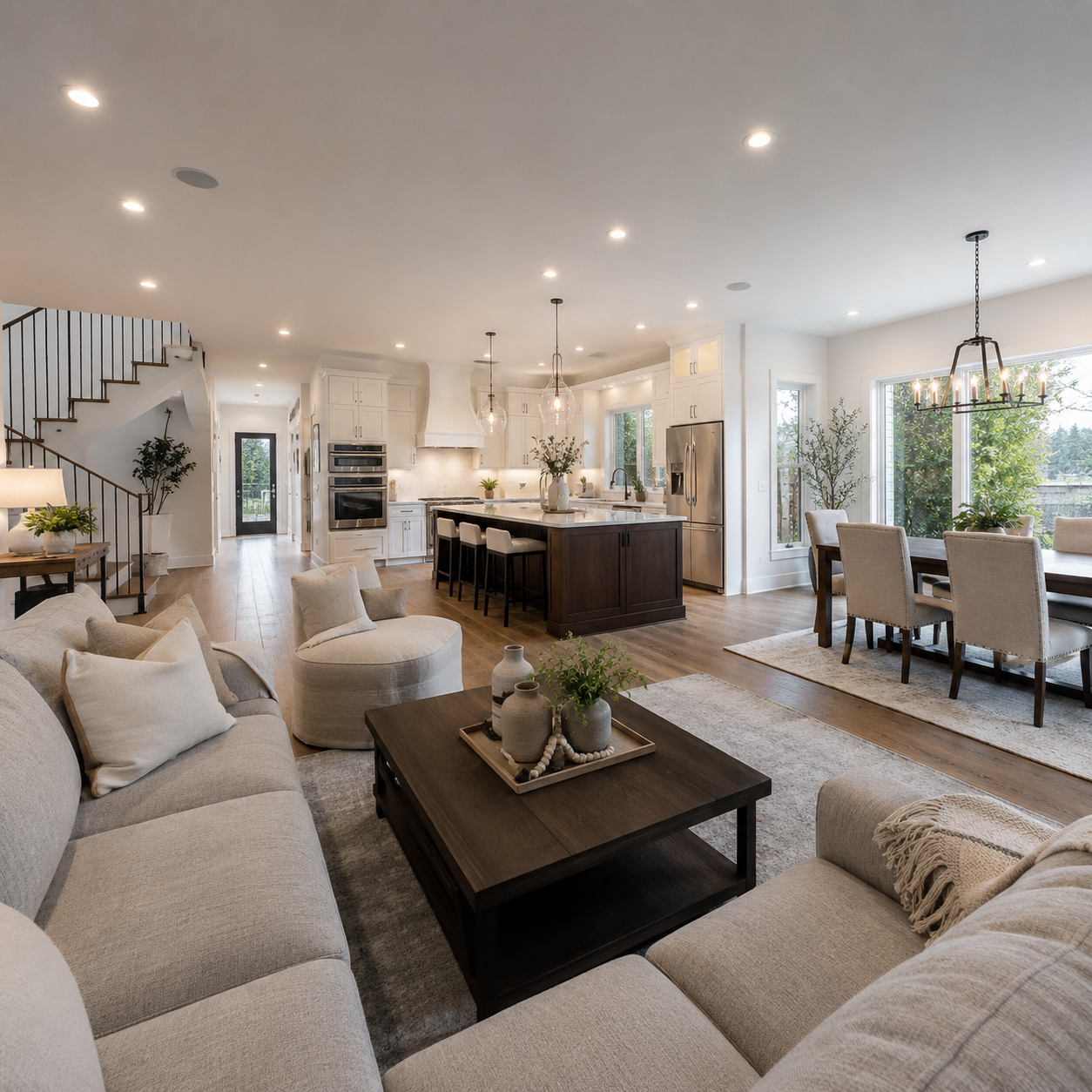 Open-concept living room, kitchen island, and dining nook with garden view