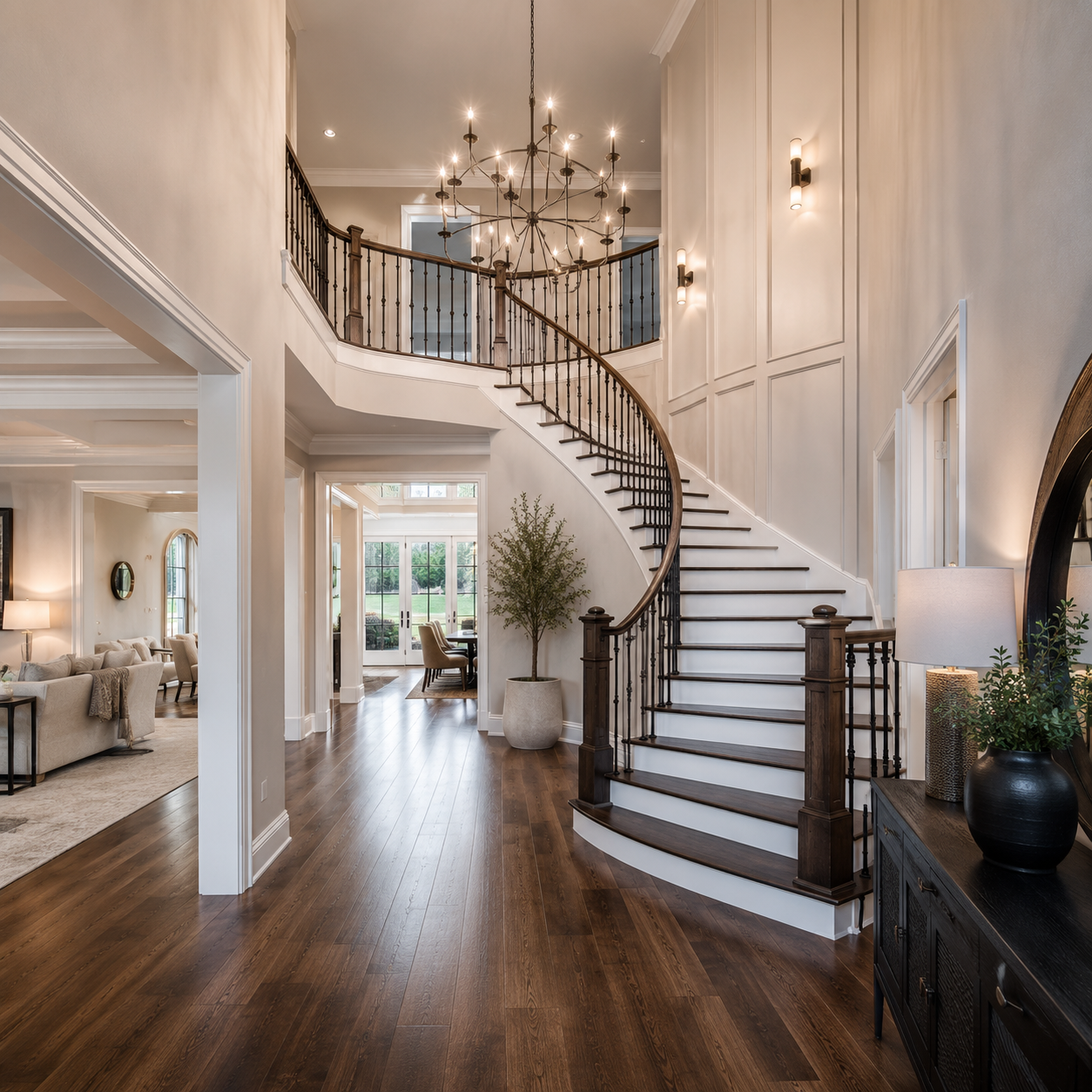 Grand foyer entryway with curved staircase and chandelier under a double-height ceiling