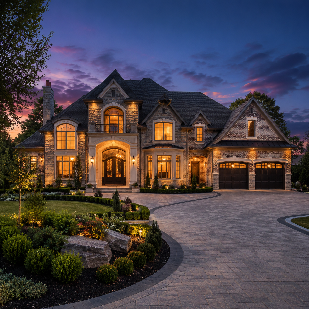 Twilight exterior photo of a two-storey stone and brick luxury home in the GTA