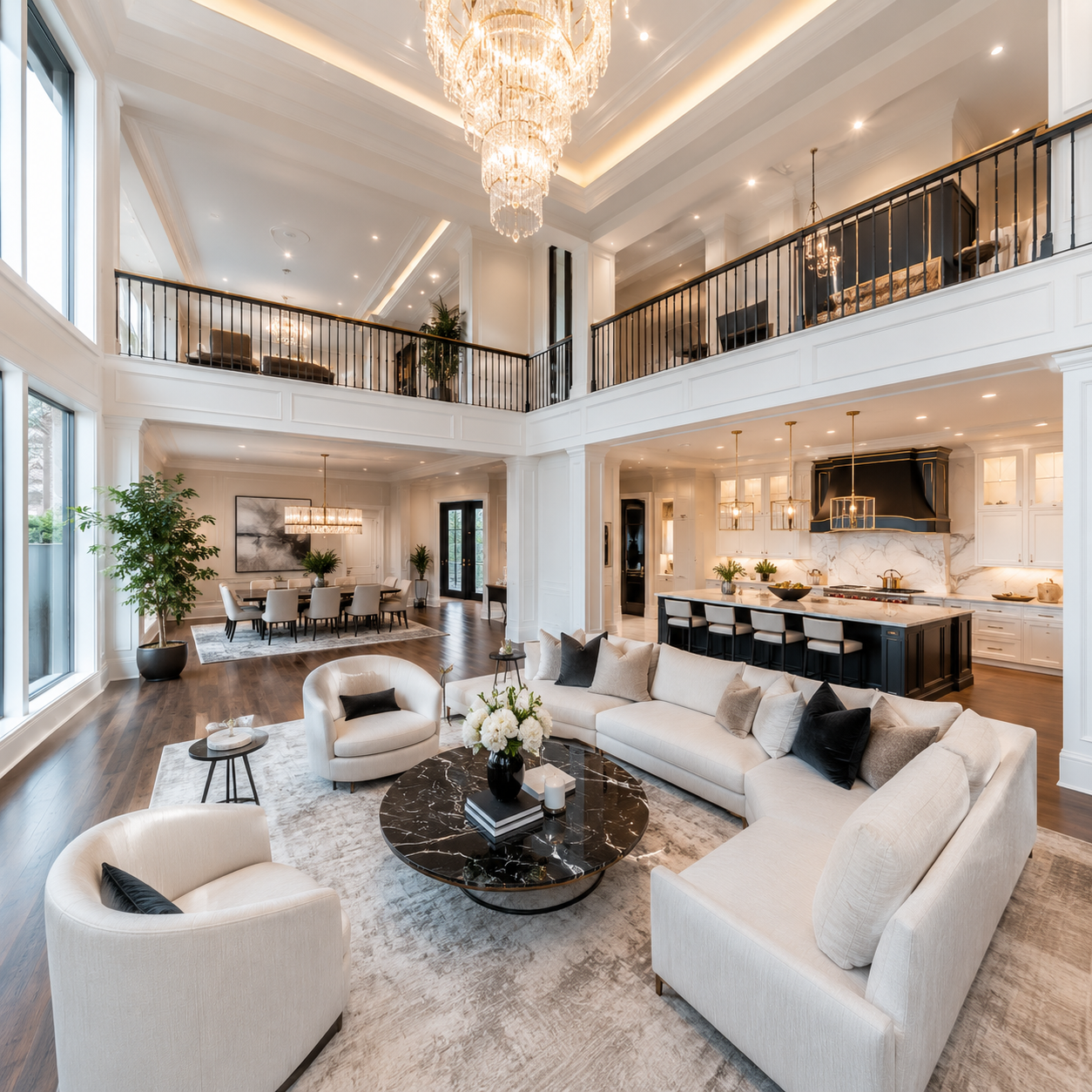 Double-height great room living space with chandelier, open to kitchen and dining