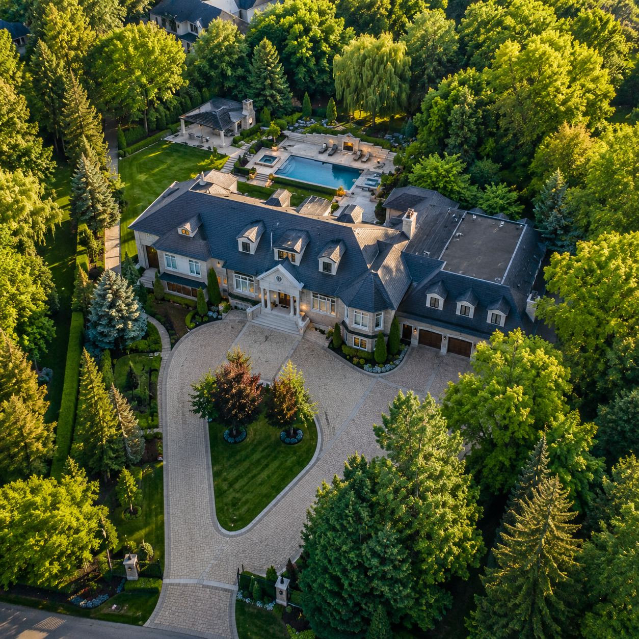 Aerial drone photo of a luxury estate with pool, pool house, and circular driveway