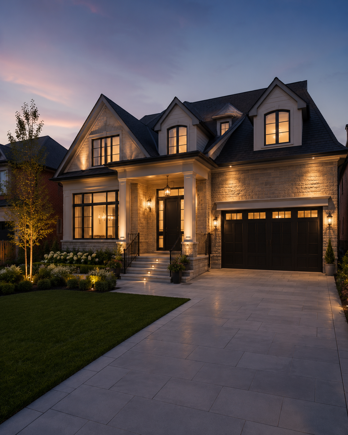 Twilight exterior of a two-storey stone and brick home — Visaro real estate photography