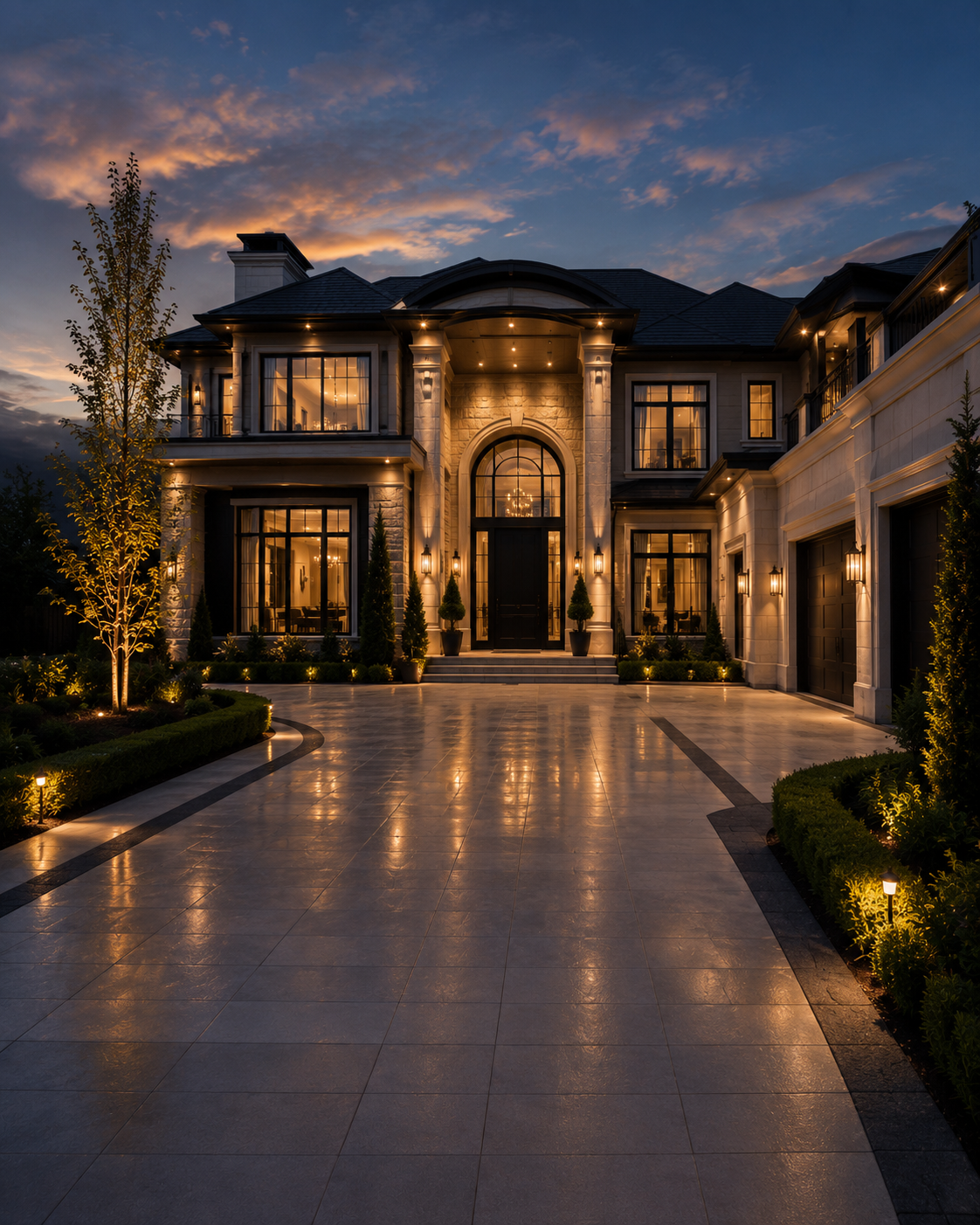 Twilight exterior of a luxury stone mansion — Visaro real estate photography