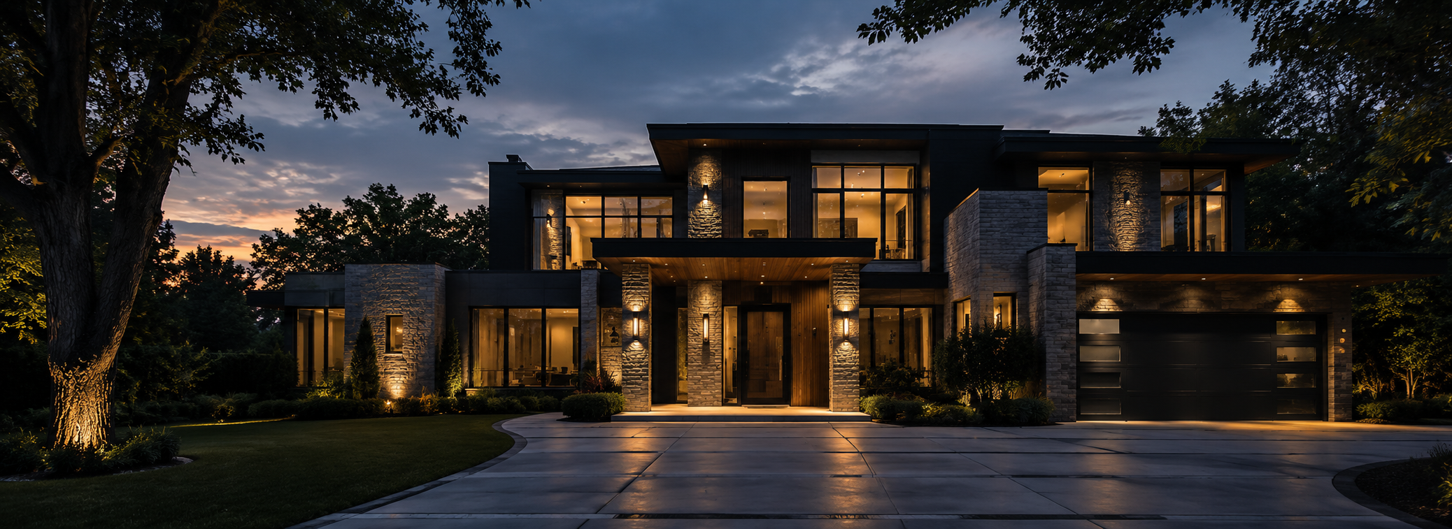 Twilight exterior photo of a modern luxury home in the Greater Toronto Area, photographed by Visaro