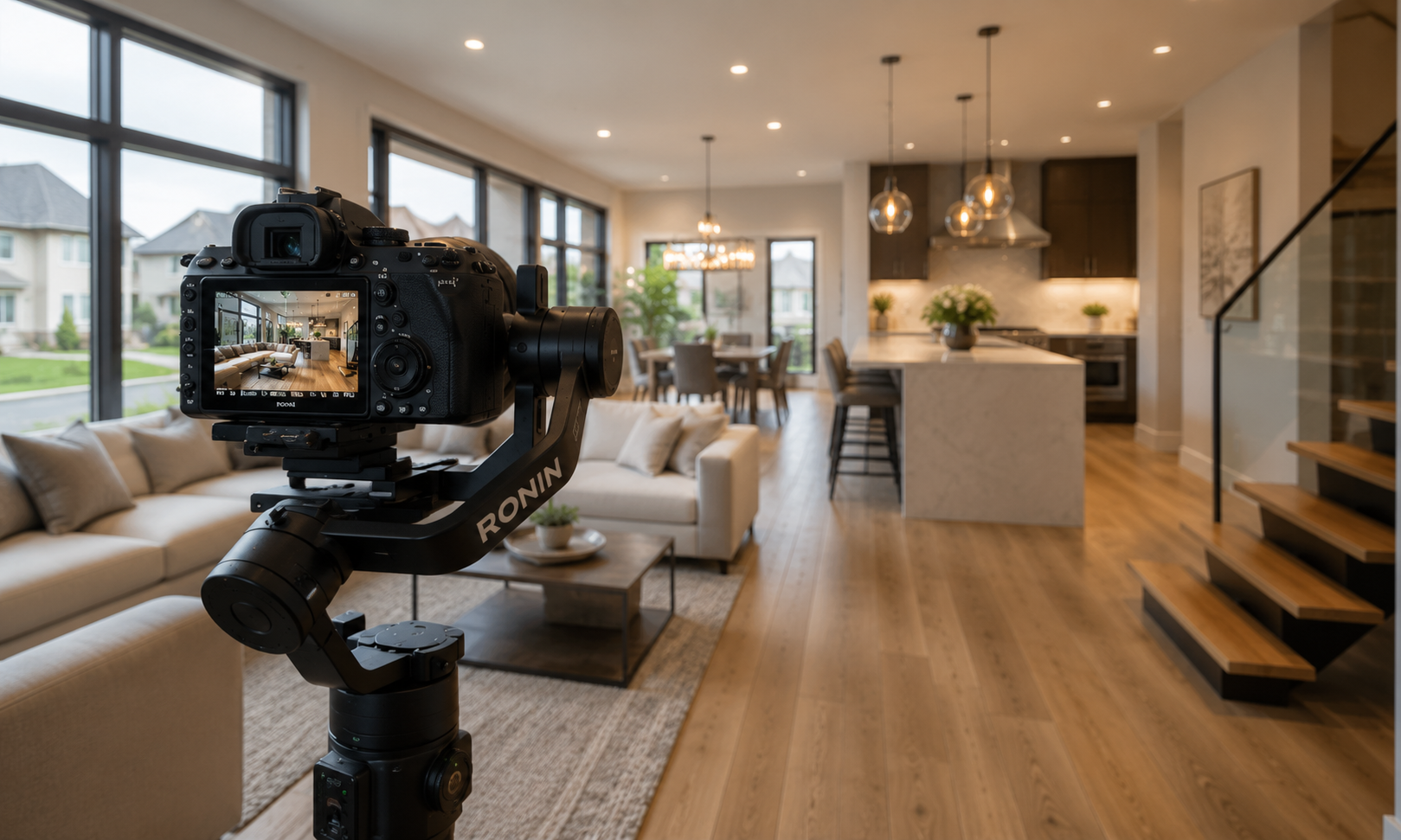 Camera and gimbal setup during an interior real estate video shoot
