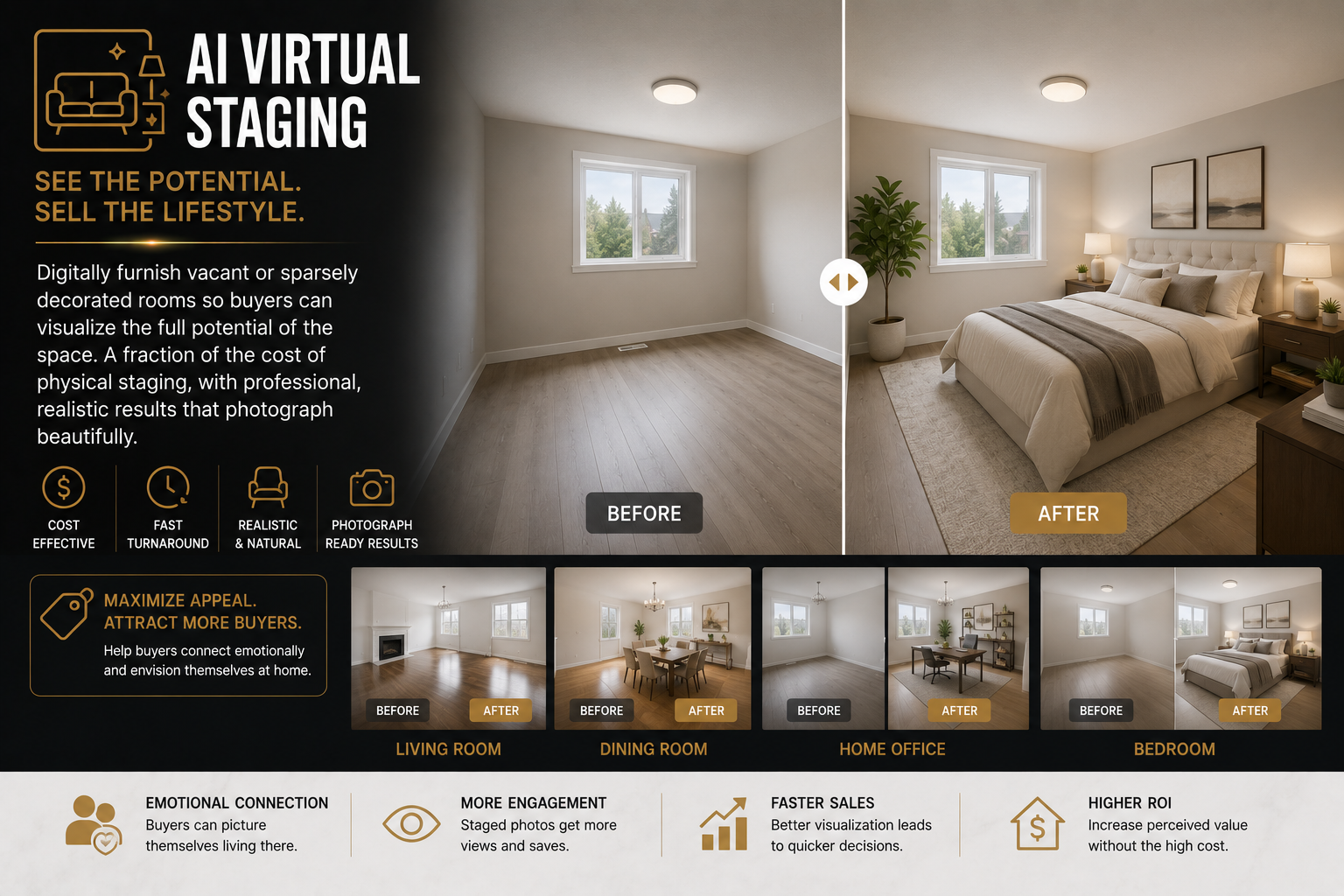 AI virtual staging before and after example by Visaro