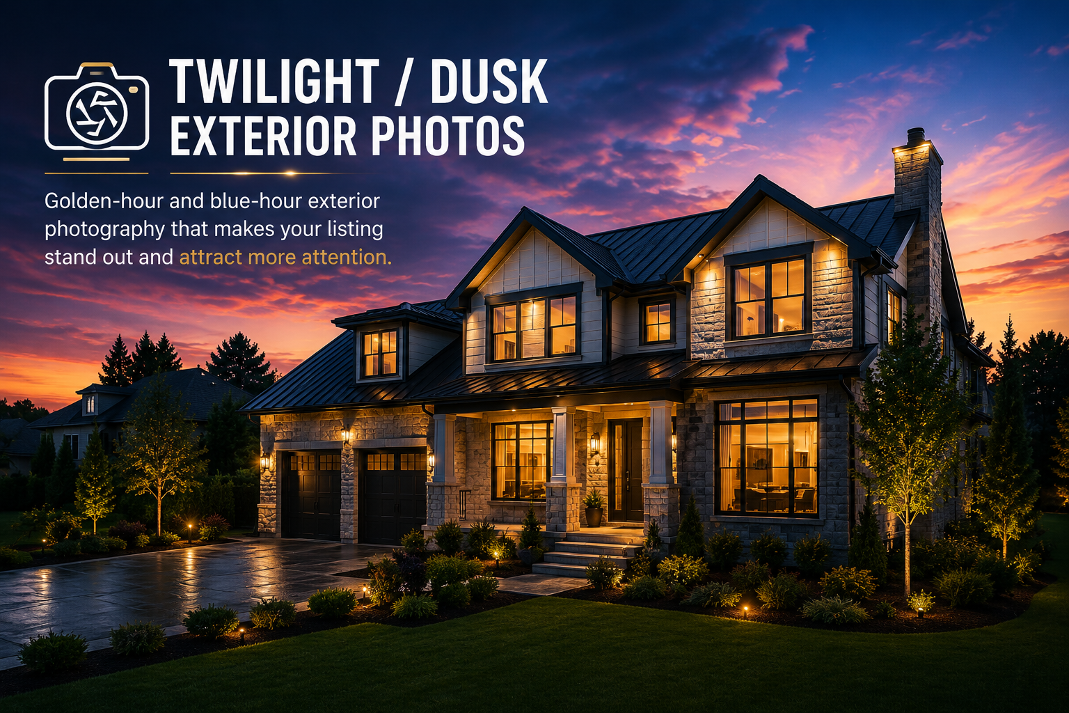 Twilight and golden hour exterior real estate photography by Visaro